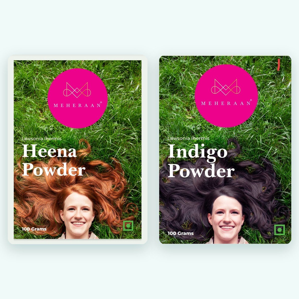Meheraan Hair Colour Kit with 100g henna and 100g indigo powder in resealable pouches